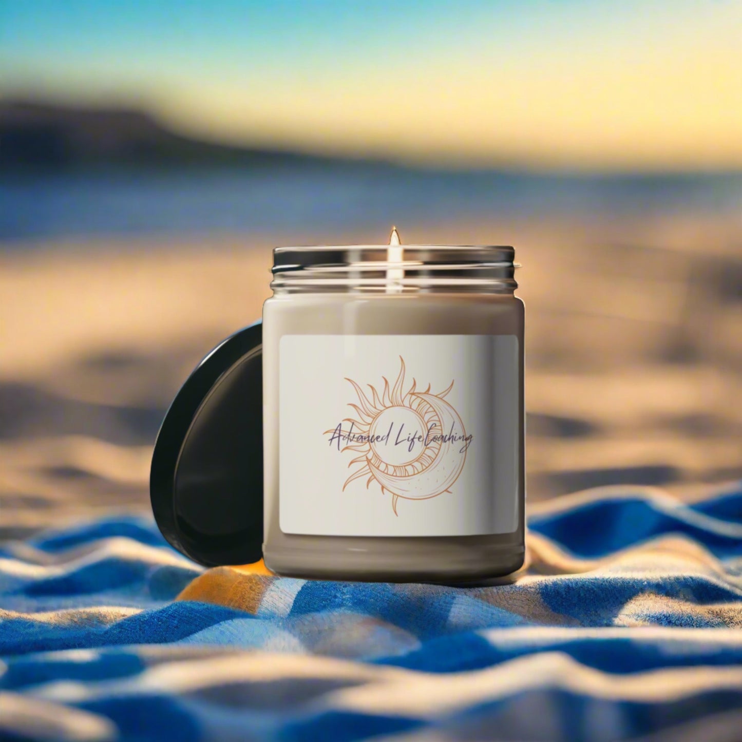 Packed with immersive aromas, these scented candles come in 9oz glass jars and are one size (2.8″ × 3.5") (7.1cm × 8.8cm). Made with 100% natural soy wax blend, each candle features a 100% cotton wick. Create your favorite vibe with these beautiful candles in a variety of perfect scents. Sun and moon gold and purple logo design.