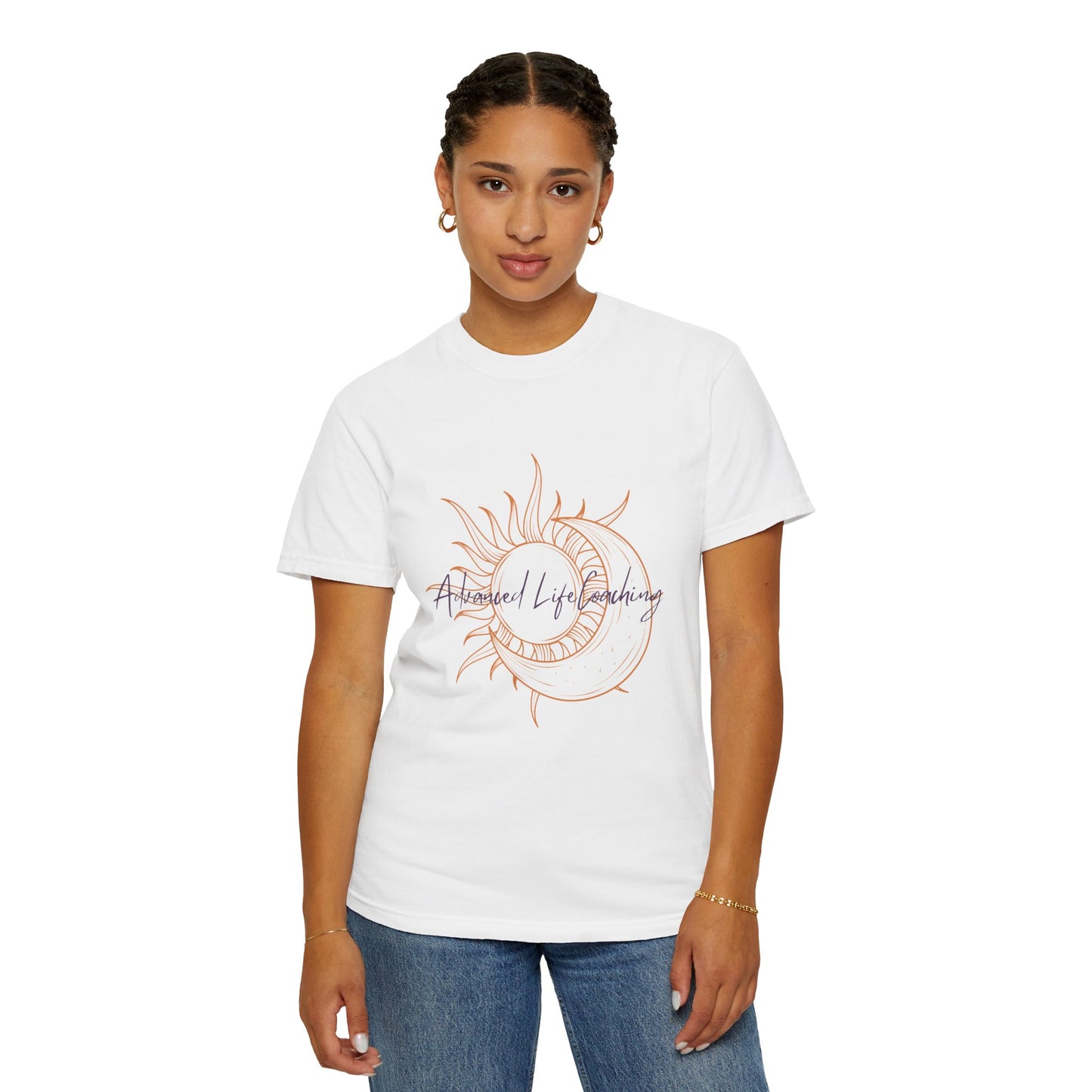 The orange and purple stitching on the sun and moon design is a stylish look for these comfortable T-shirts. Creating an uplifting style to your wardrobe and your day.