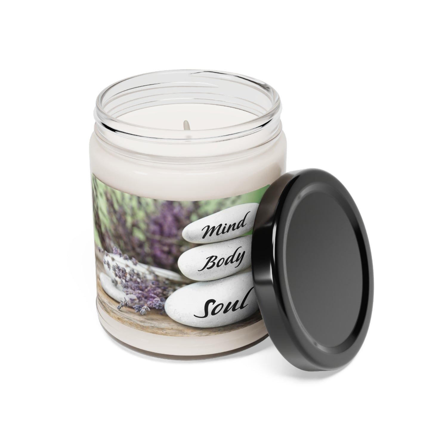 Packed with immersive aromas, these scented candles come in 9oz glass jars and are one size (2.8″ × 3.5") (7.1cm × 8.8cm). Made with 100% natural soy wax blend, each candle features a 100% cotton wick . Mind, body soul relaxation logo on label