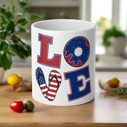 Perfect for that extra boost of coffee or large amounts of hot cocoa on a rainy day, this ceramic mug comes in the perfect size: 20oz (0.6l). Thanks to the ORCA coating, your original designs will be printed in picture-perfect quality on the white ceramic base with a glossy finish. The mug features a C-shaped, easy-grip handle.   Wake up to the relaxing fun design of love with your favorite beverage. Bright red, white , and blue design will put the pep in your step 
