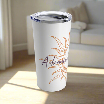 This tumbler is an excellent choice for daily use to keep 20oz of your favorite beverages hot or cold thanks to the double-wall insulation. Meanwhile, the stainless steel construction provides excellent durability and it's dishwasher safe for added convenience. sun and moon design on white background
