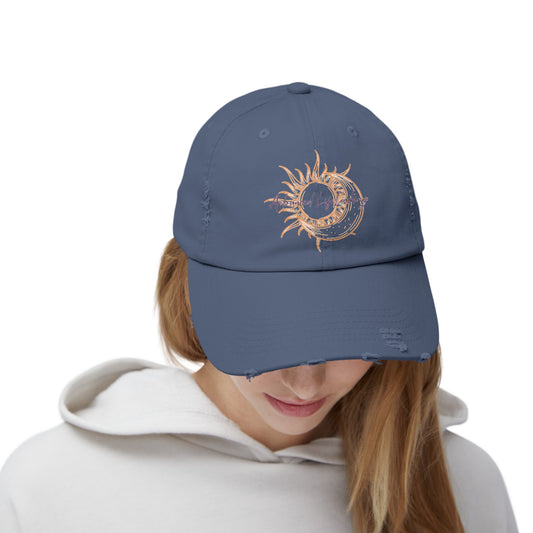 Made with 100% cotton twill for high-end comfort and durability, these custom distressed hats bring all the style and practicality one needs in daily life. The low profile along with the d-ring closure on a self-fabric hideaway strap ensures both proper protection from the sun and that perfect, adjustable fit.  Beautiful sun and moon  logo makes for a stylish look. 