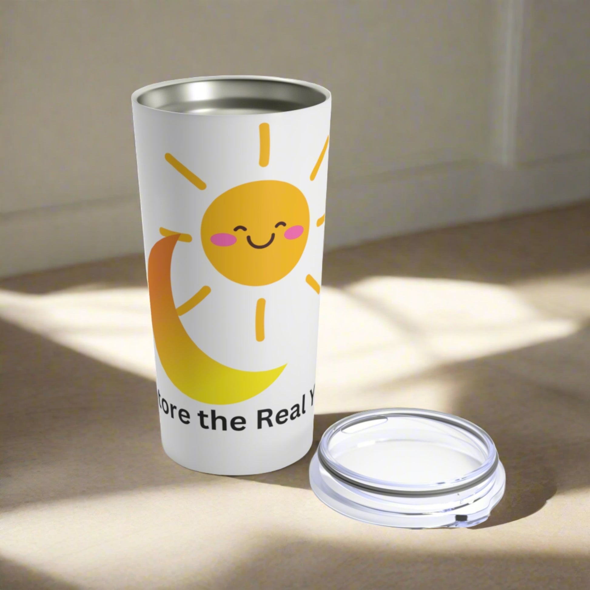 This tumbler is an excellent choice for daily use to keep 20oz of your favorite beverages hot or cold thanks to the double-wall insulation. Meanwhile, the stainless steel construction provides excellent durability and it's dishwasher safe for added convenience. Happy yellow sun and a moon design with words restore the real you.