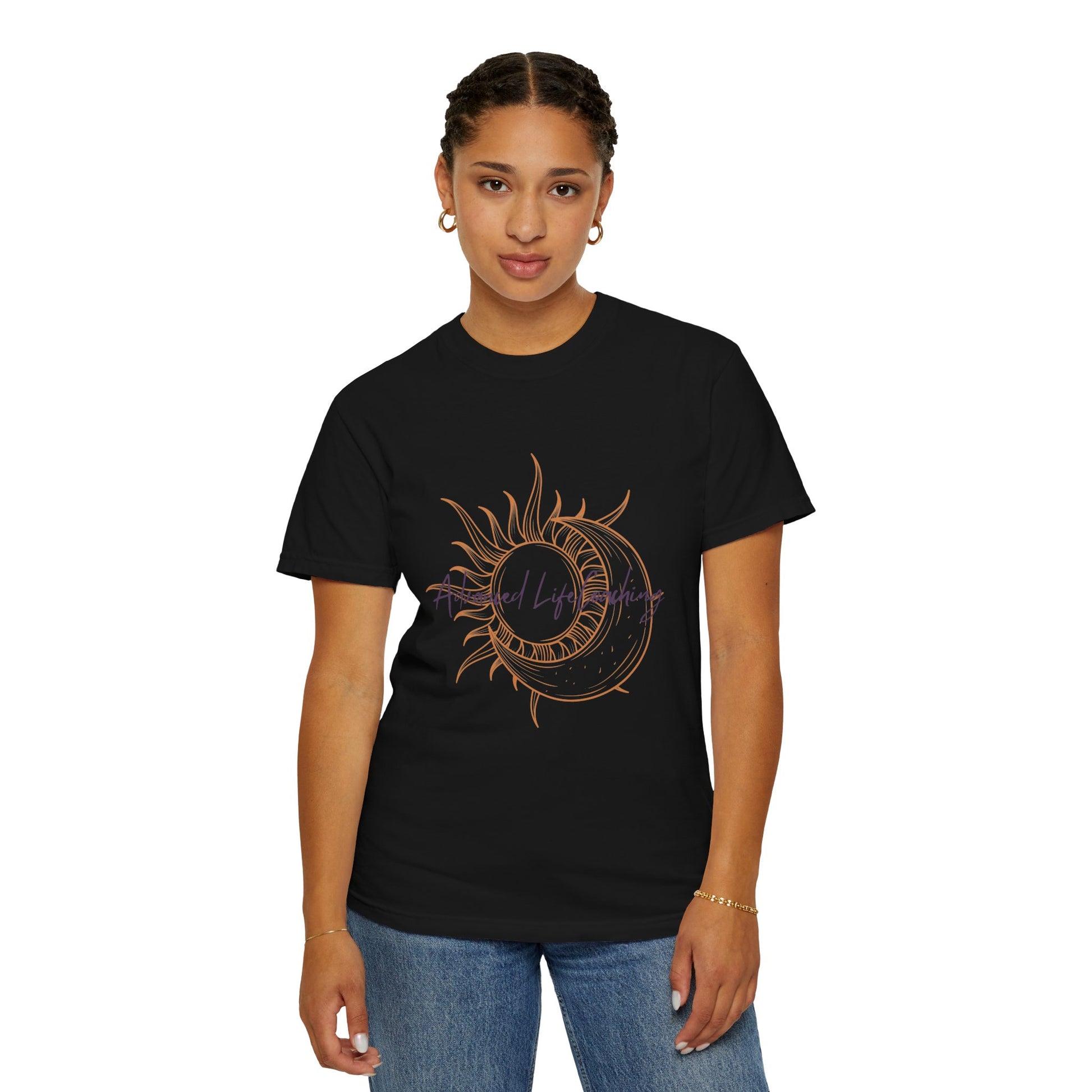 The orange and purple sun and moon design looks bright and fun with the dark background on this comfortable t-shirt. 