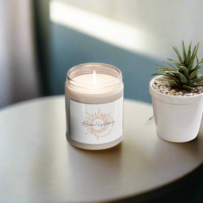 Packed with immersive aromas, these scented candles come in 9oz glass jars and are one size (2.8″ × 3.5") (7.1cm × 8.8cm). Made with 100% natural soy wax blend, each candle features a 100% cotton wick.  Create your favorite vibe with these beautiful candles in a variety of perfect scents. gold sun and moon design with purple logo.