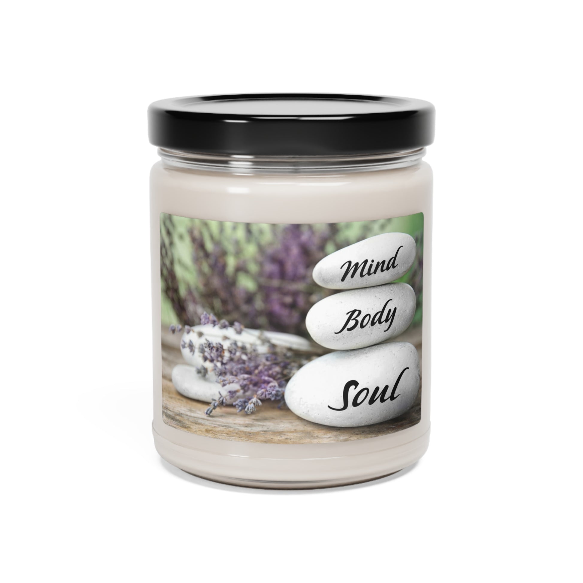 Packed with immersive aromas, these scented candles come in 9oz glass jars and are one size (2.8″ × 3.5") (7.1cm × 8.8cm). Made with 100% natural soy wax blend, each candle features a 100% cotton wick and a permanent adhesive label where your custom designs can come alive. 9 scents, Mind, Body ,Soul rock and lavender design 