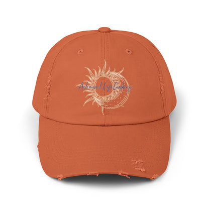 Made with 100% cotton twill for high-end comfort and durability, these custom distressed hats bring all the style and practicality one needs in daily life. The low profile along with the d-ring closure on a self-fabric hideaway strap ensures both proper protection from the sun and that perfect, adjustable fit. Beautiful sun and moon logo makes for a stylish look.