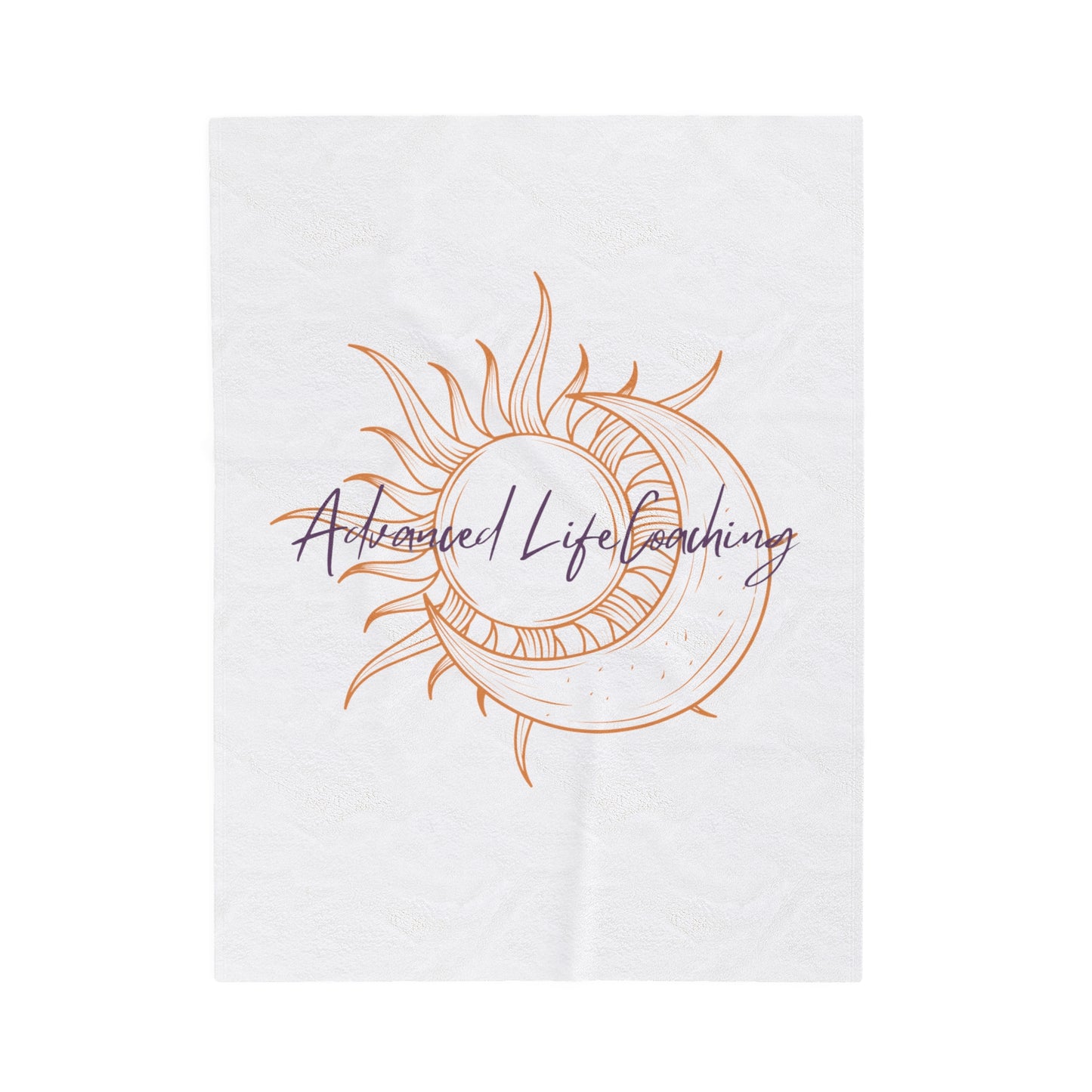 Nice accent throw blanket with the sun and moon company logo in orange and purple color.  Perfect for brightening up any space.