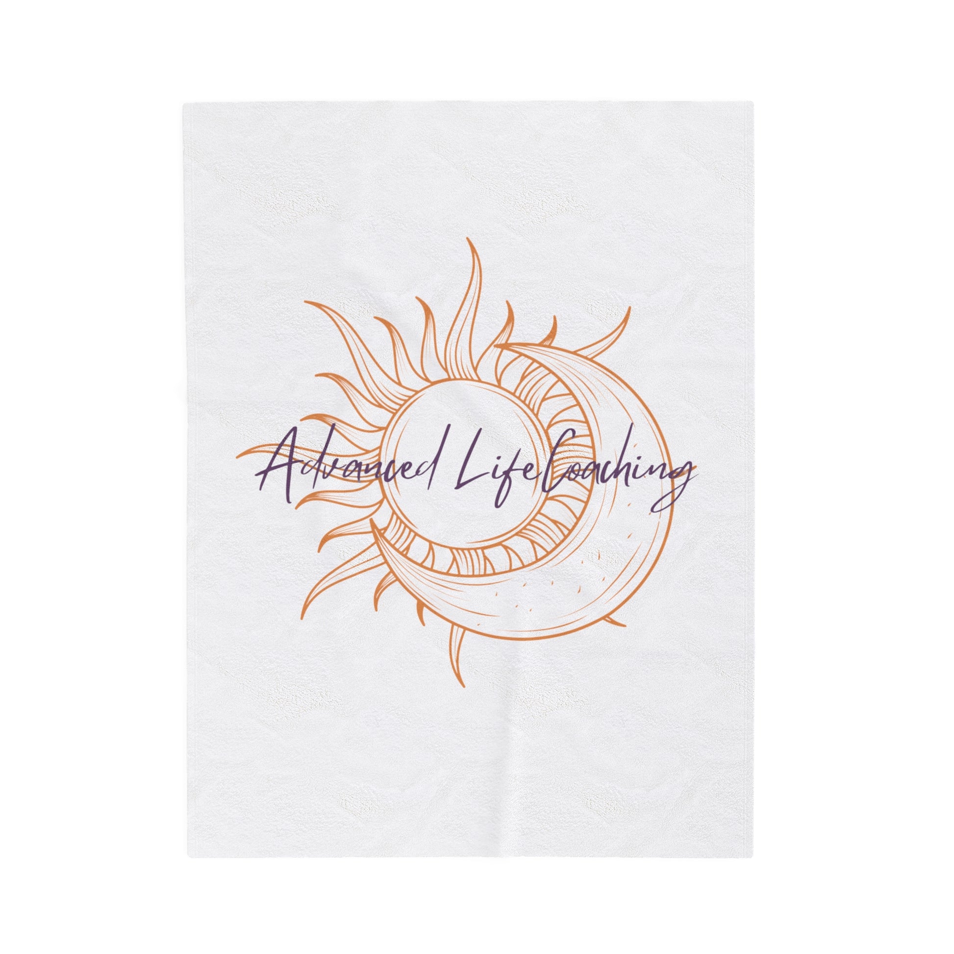 Nice accent throw blanket with the sun and moon company logo in orange and purple color.  Perfect for brightening up any space.