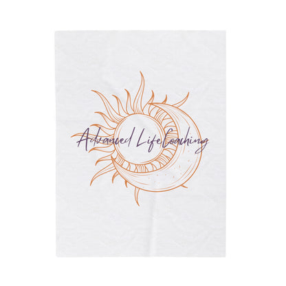 Nice accent throw blanket with the sun and moon company logo in orange and purple color.  Perfect for brightening up any space.