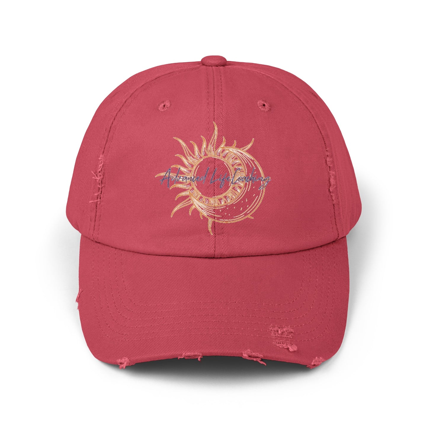 Made with 100% cotton twill for high-end comfort and durability, these custom distressed hats bring all the style and practicality one needs in daily life. The low profile along with the d-ring closure on a self-fabric hideaway strap ensures both proper protection from the sun and that perfect, adjustable fit. Beautiful sun and moon logo makes for a stylish look.