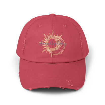 Made with 100% cotton twill for high-end comfort and durability, these custom distressed hats bring all the style and practicality one needs in daily life. The low profile along with the d-ring closure on a self-fabric hideaway strap ensures both proper protection from the sun and that perfect, adjustable fit. Beautiful sun and moon logo makes for a stylish look.