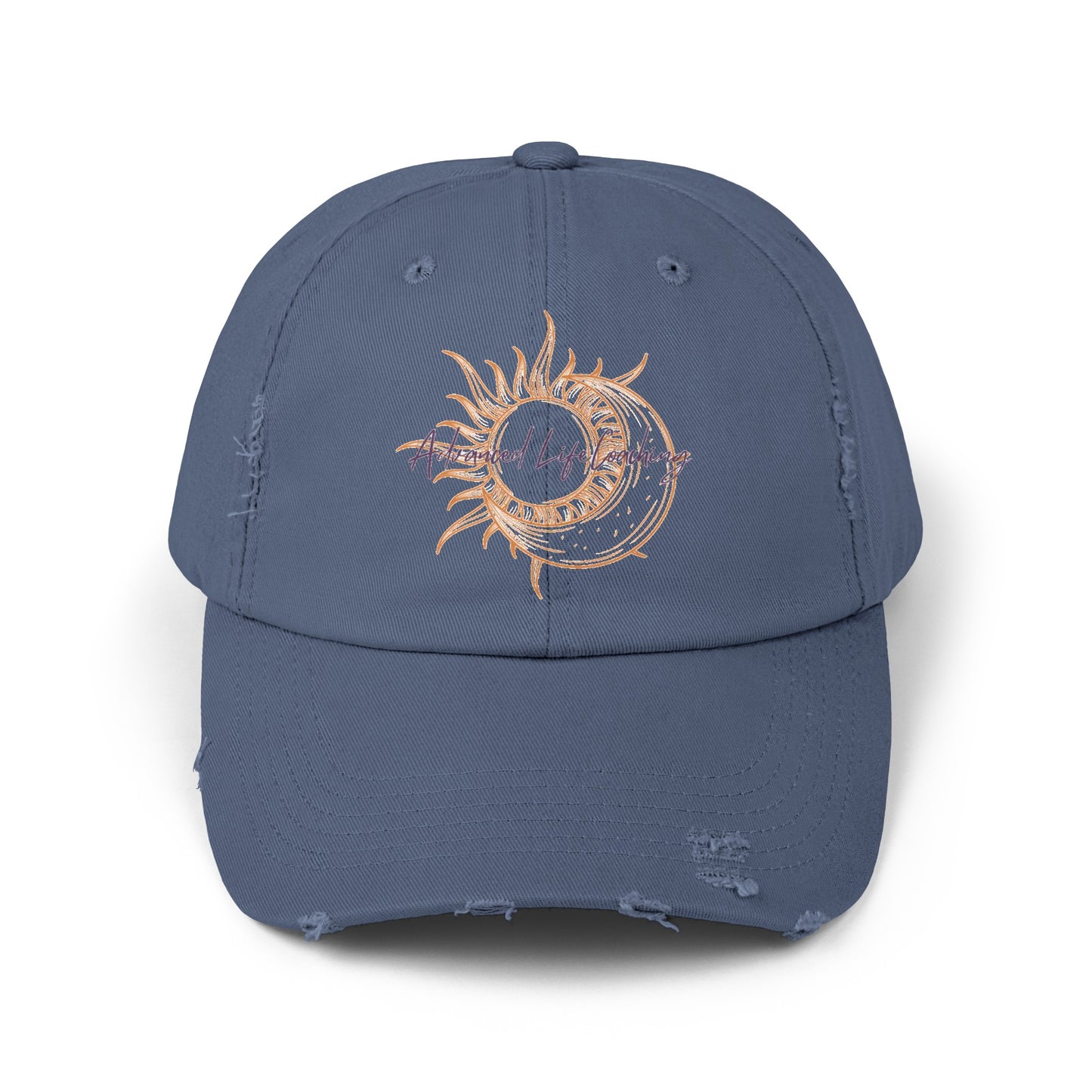 Made with 100% cotton twill for high-end comfort and durability, these custom distressed hats bring all the style and practicality one needs in daily life. The low profile along with the d-ring closure on a self-fabric hideaway strap ensures both proper protection from the sun and that perfect, adjustable fit. Beautiful sun and moon logo makes for a stylish look.