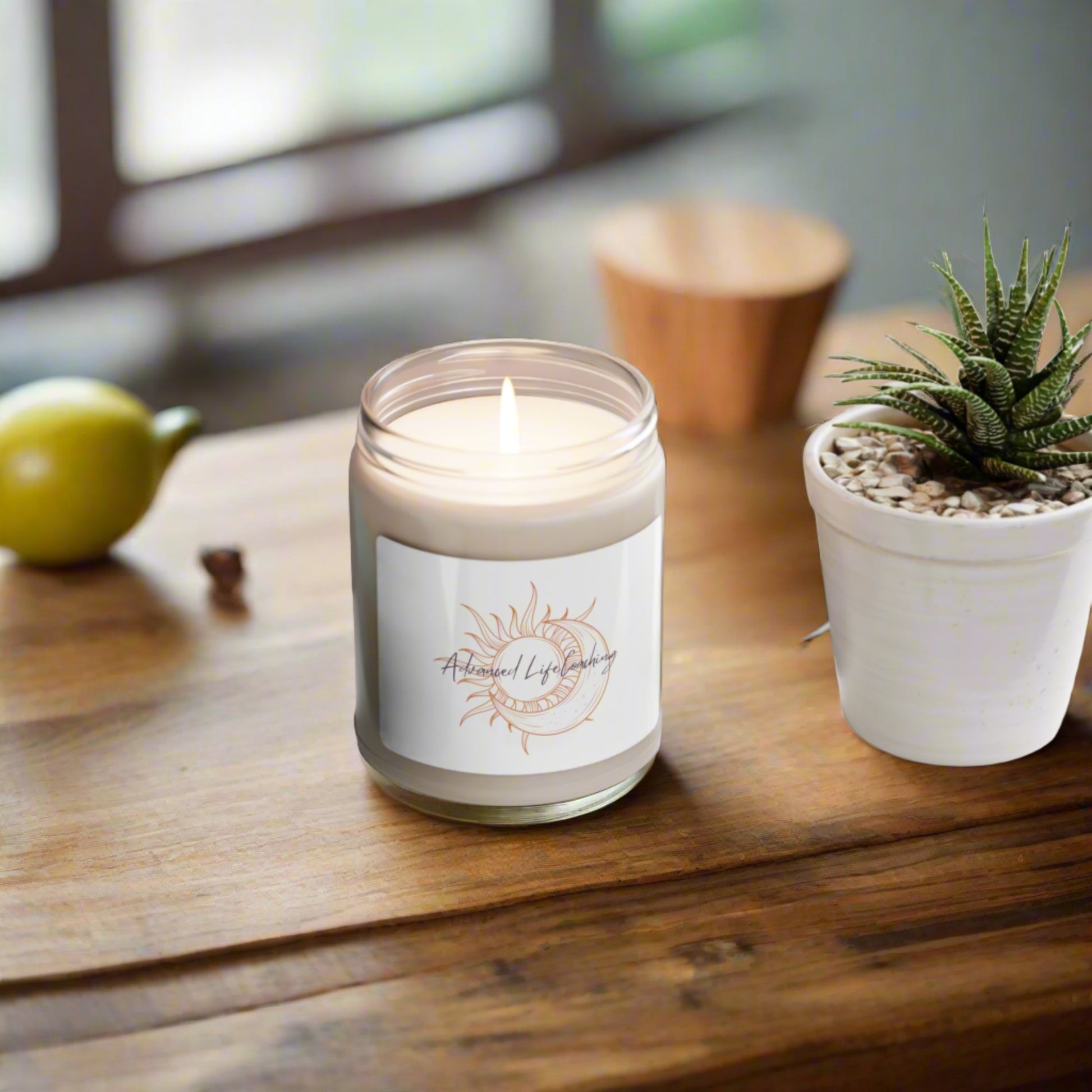 Packed with immersive aromas, these scented candles come in 9oz glass jars and are one size (2.8″ × 3.5") (7.1cm × 8.8cm). Made with 100% natural soy wax blend, each candle features a 100% cotton wick. Create your favorite vibe with these beautiful candles in a variety of perfect scents. Gold and purple sun and moon logo design.